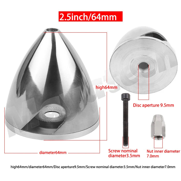 Spinner em liga de alumínio de 32 a 114 mm (1,25 a 4,5 polegadas) Para hélice de 2 pás.