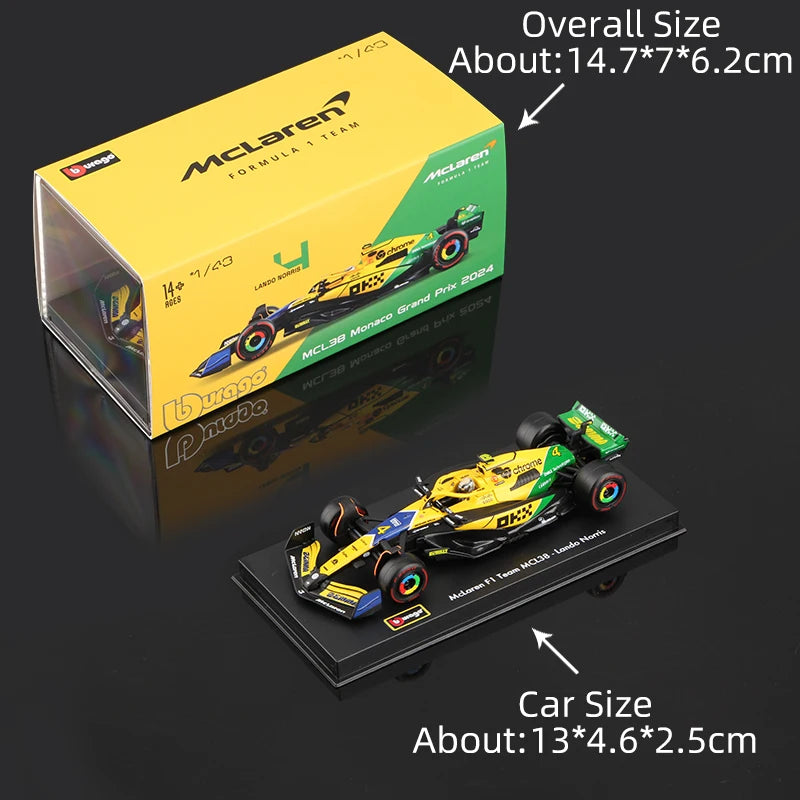 Bburago 1:43 2024 Modelo F1 com capacete Miniatura em liga metálica Carro de corrida de fórmula Diecast Brinquedo MCL38 W15 SF24 RB20 A524
