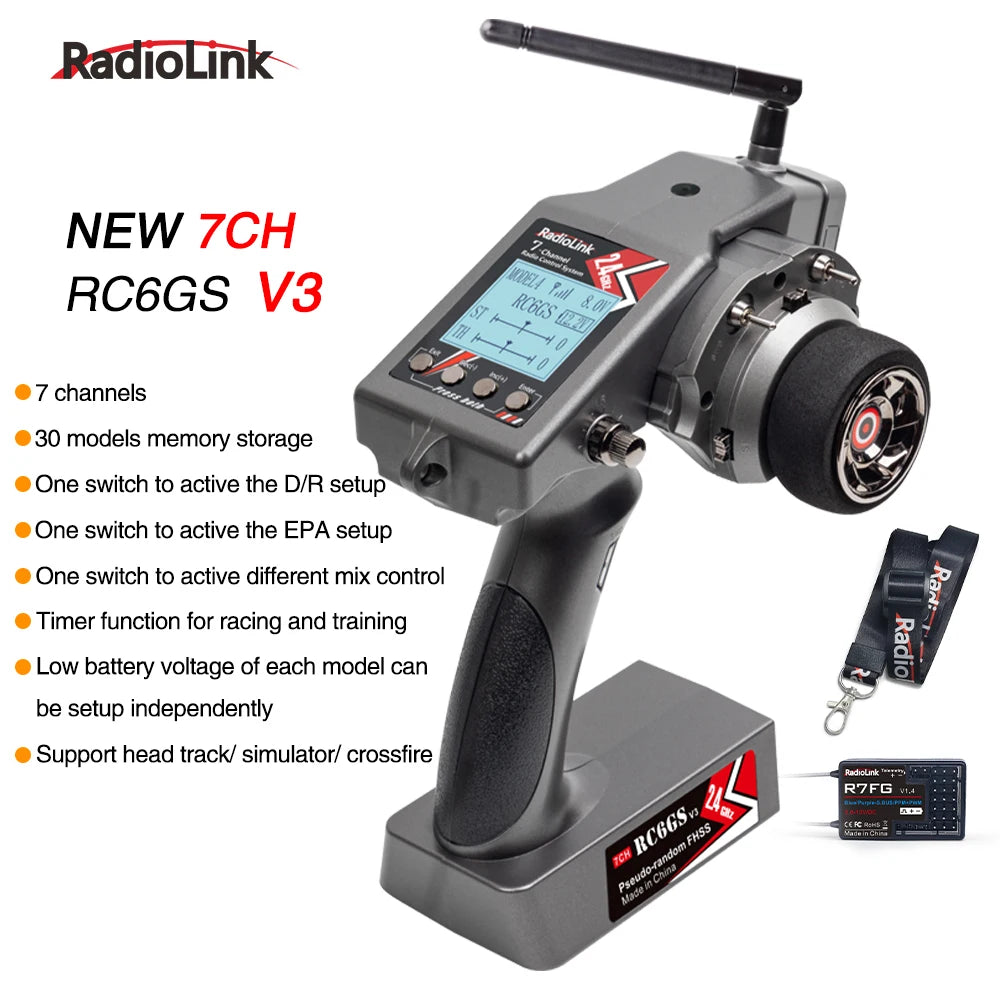 RadioLink RC4GS V3 (5 Canais) / RC6GS V3 (7 Canais) Com Receptor R7FG - Telemetria Incluída