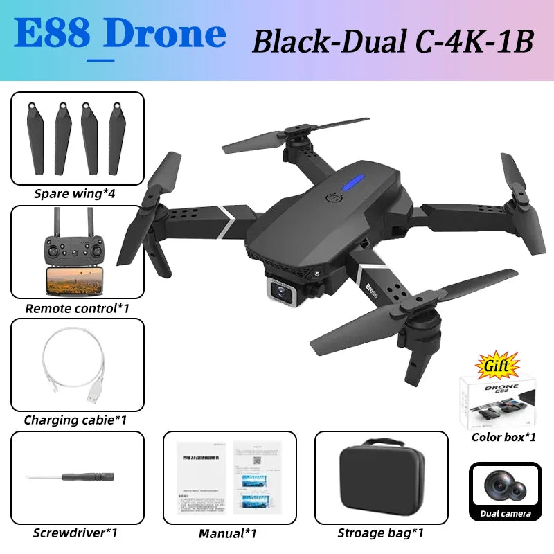 Drone Profissional 4K HD Câmera Dupla 3000 Metros - KBDFA E88Pro - Dobrável WIFI FPV Quadricóptero