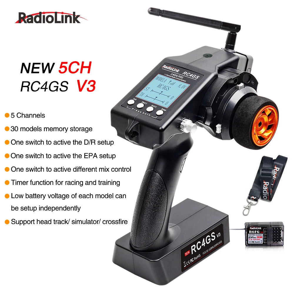 RadioLink RC4GS V3 (5 Canais) / RC6GS V3 (7 Canais) Com Receptor R7FG - Telemetria Incluída