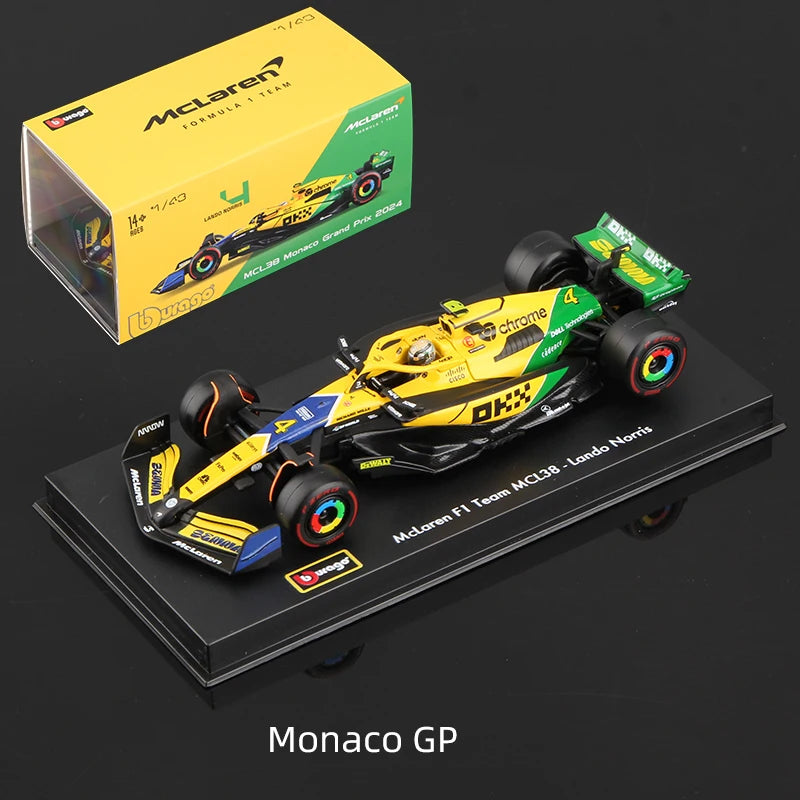 Bburago 1:43 2024 Modelo F1 com capacete Miniatura em liga metálica Carro de corrida de fórmula Diecast Brinquedo MCL38 W15 SF24 RB20 A524