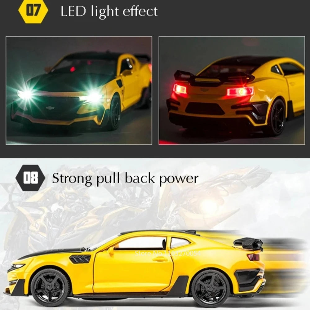 Camaro Escala: 1/32, Die Cast com 4 portas que abrem, Som, Luzes e Mecanismo de Retrocesso.
